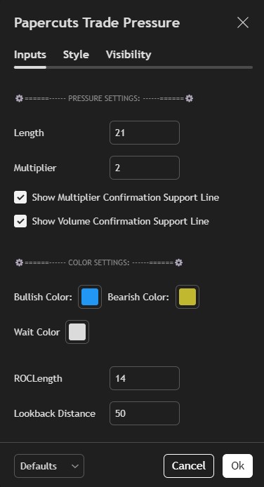 Papercuts Trading Indicator Trade Pressure Settings View
